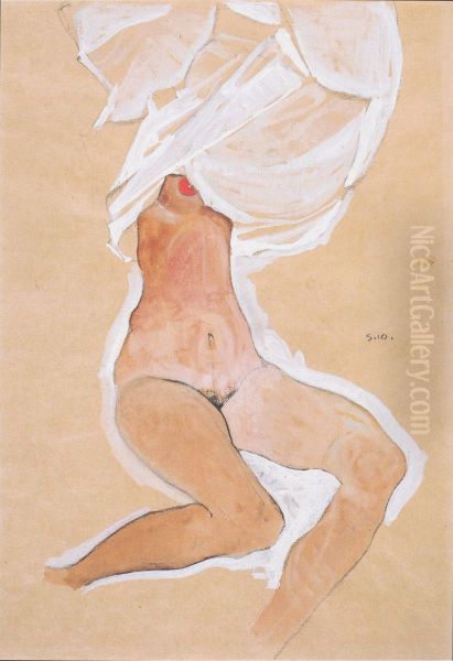 Sitzender Madchenakt mit Hemd uber dem Kopf Oil Painting by Egon Schiele