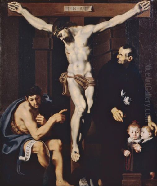 Il Crocifisso fra S. Giovanni Battista e S. Nicola da Tolentino Oil Painting by Andrea Lilio