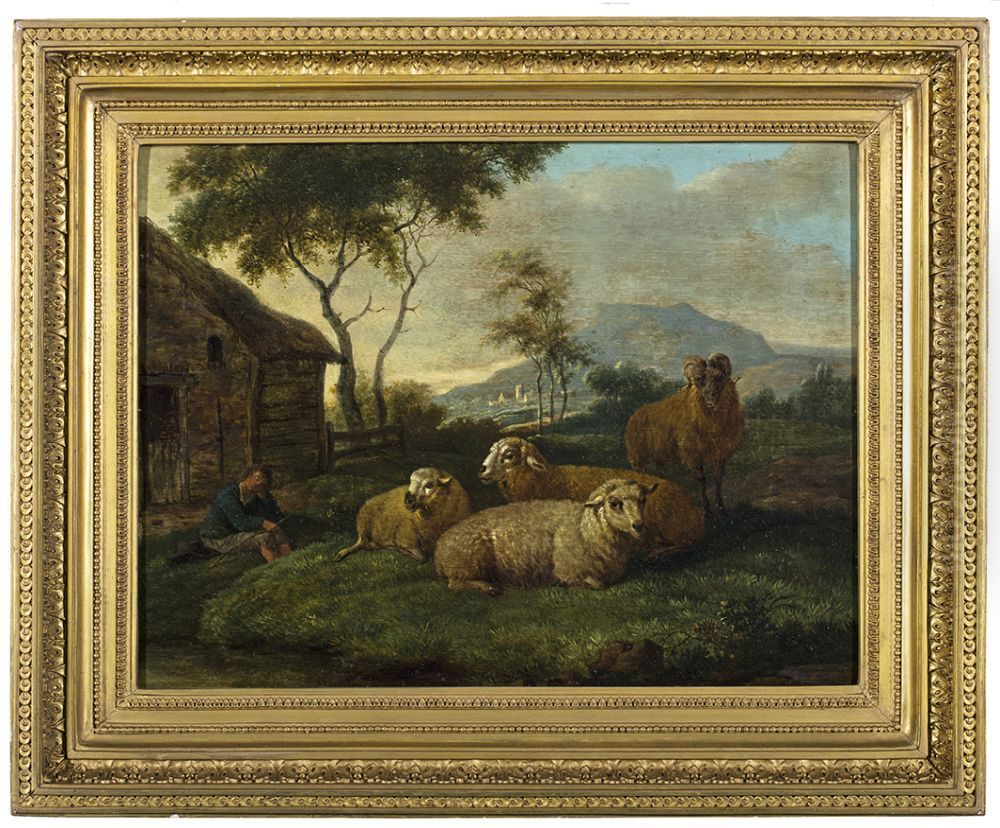 Schapen met herdersjongen, Herder met schapen in landschap, Oil Painting by Albarta ten Oever