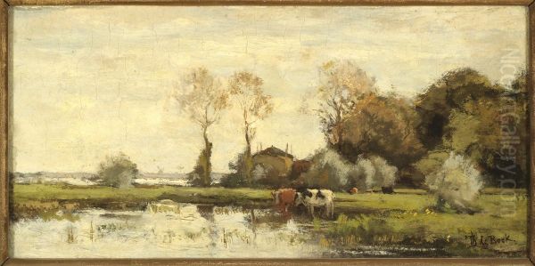 Koeien aan een plas. Oil Painting by Theophile Emile Achille De Bock