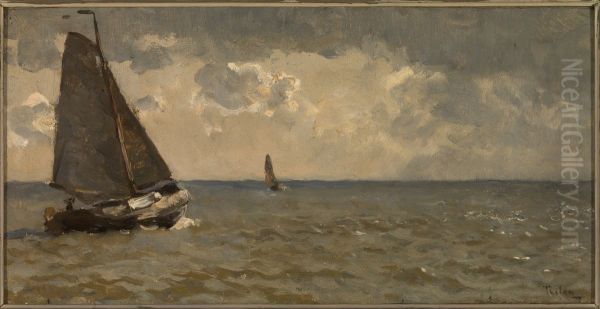 Botter op zee (buiig weer). Oil Painting by Willem Bastiaan Tholen