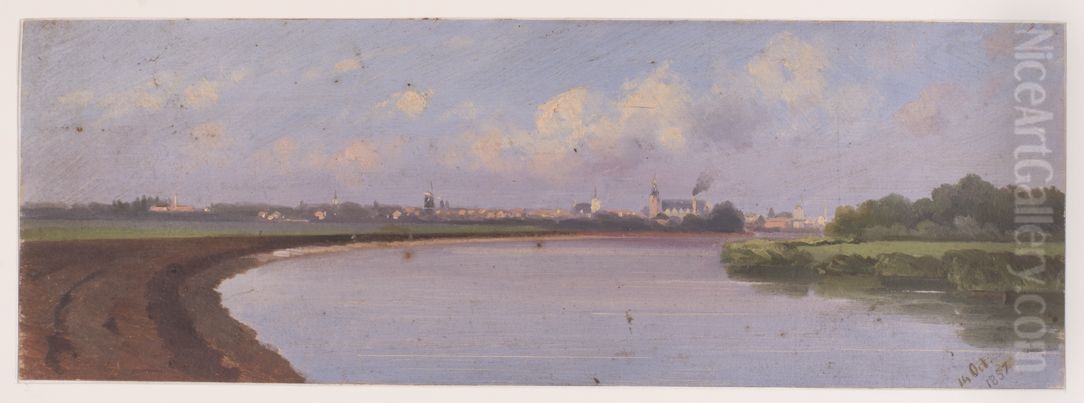 Gezicht op Gouda van de zijde van het Jaagpad. Oil Painting by Gijsbert Johannes Verspuy