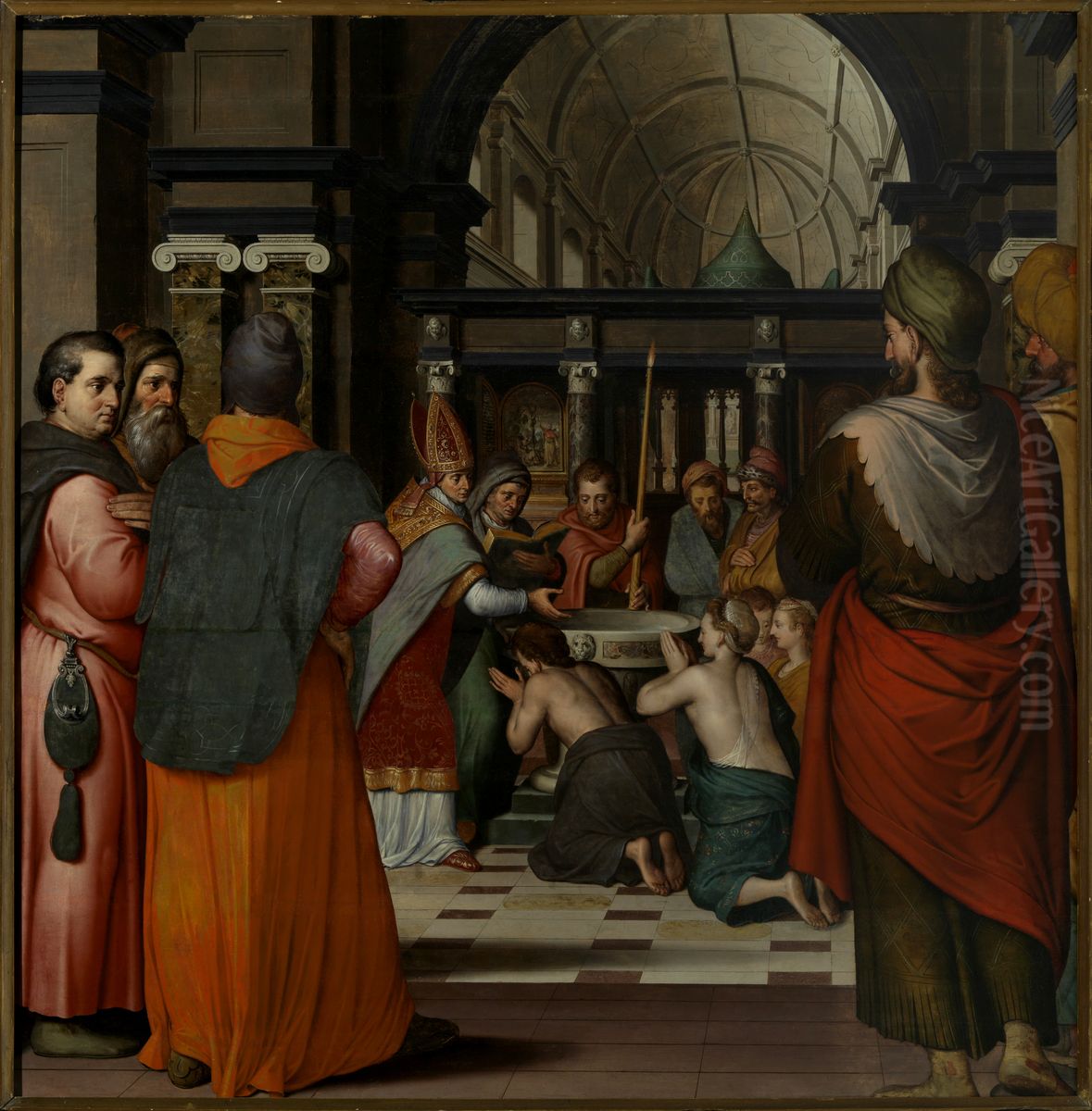 De doop van Sint Eustachius en zijn vrouw (middenstuk Hubertus-altaarstuk) / Sint Crispinus en Sint Crispinianus. Oil Painting by Pieter Pourbus