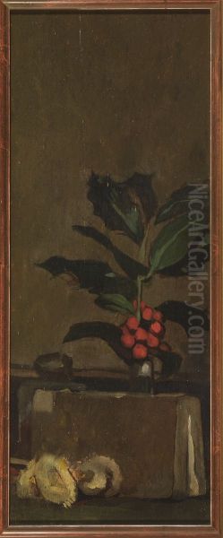 Stilleven (met boek, hulst en takken). Oil Painting by Piet Meiners