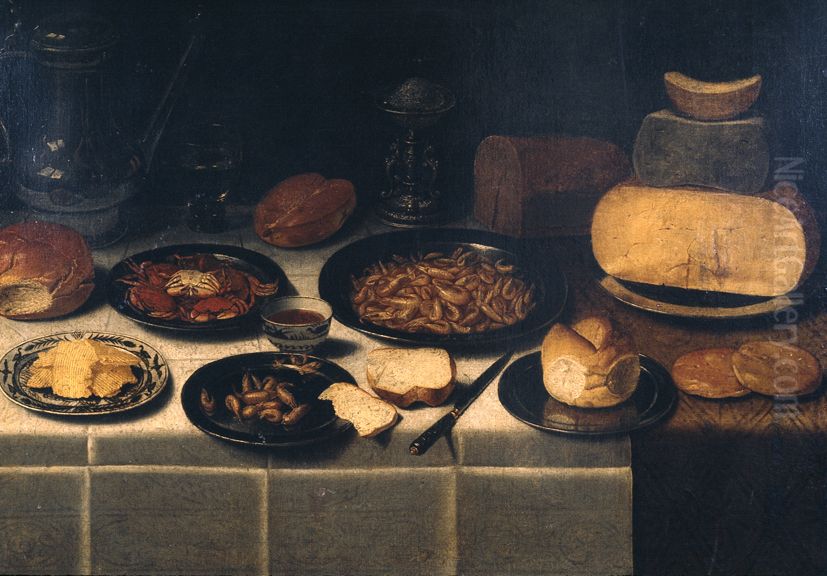 VERVALLEN Stilleven met brood, kaas, garnalen en krabben, Stilleven met schenkkan, garnalen en kazen, Oil Painting by Floris van Schooten