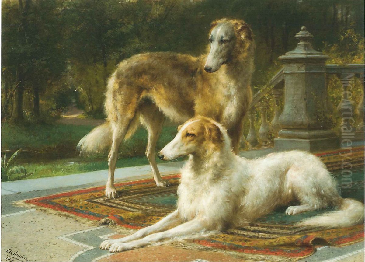 VERVALLEN Twee Russische hazewindhonden op terras, Twee borzois op een terras, Oil Painting by Otto Erelman