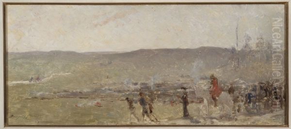 Landschap met soldaten. Oil Painting by Auguste Emile Pinchart