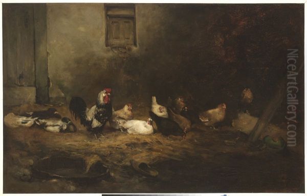 Hoenderhof (Kippen op een deel/'basse-cour'). Oil Painting by Augustin Theodule Ribot