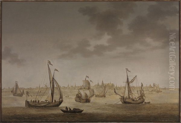 Gezicht op Gouda vanaf de IJssel. Oil Painting by Christoffel Pierson