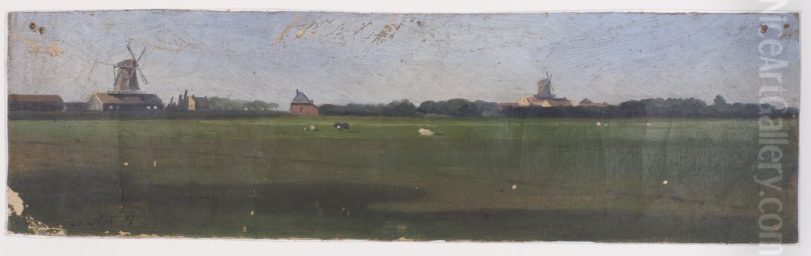 Gezicht op Gouda nabij de Houtzaagmolens. Oil Painting by Gijsbert Johannes Verspuy