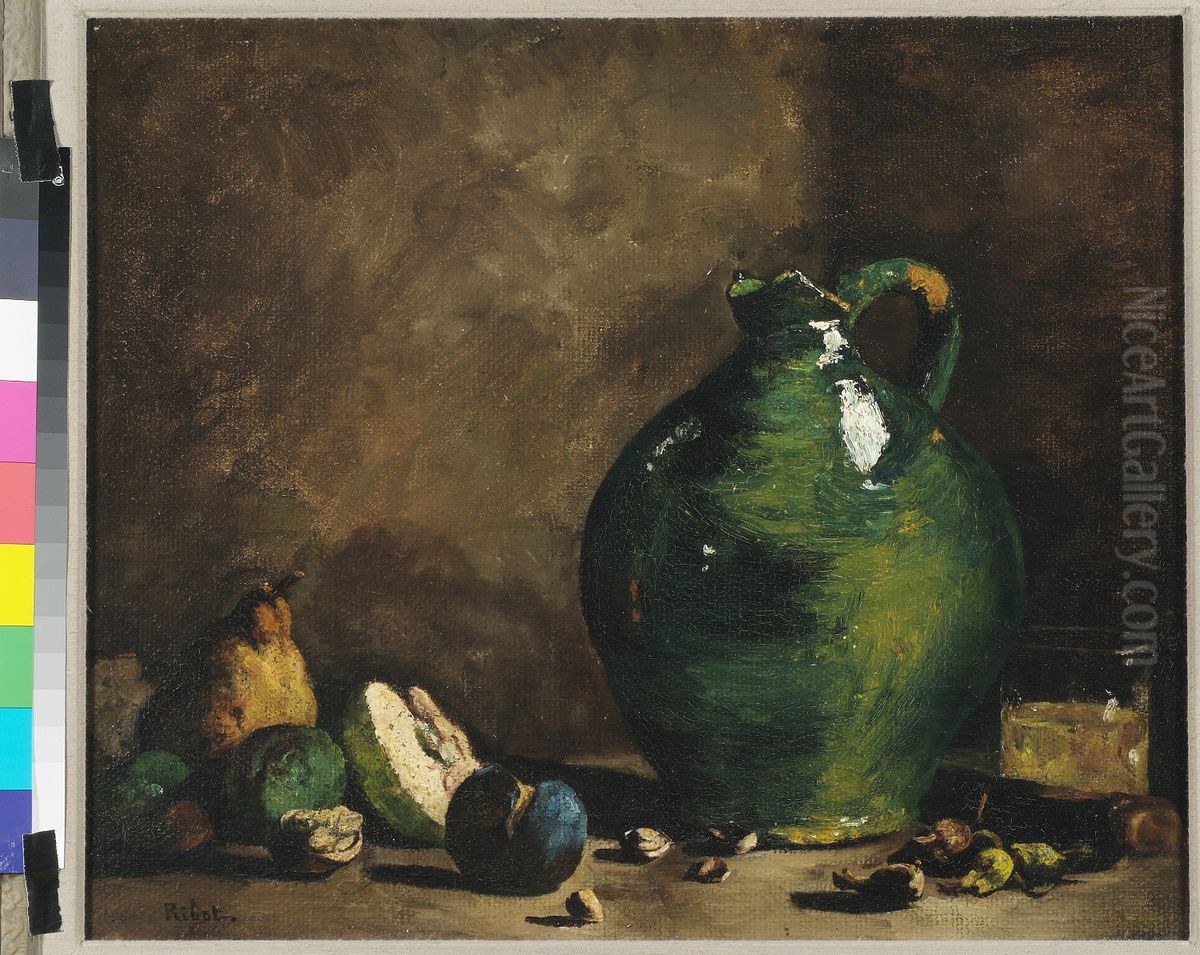 Stilleven met groene kruik. Oil Painting by Augustin Theodule Ribot