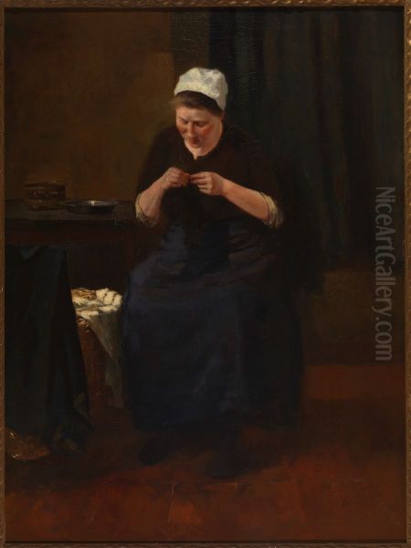 Vrouw, zittend met naaiwerk. Oil Painting by Nicolaas Van Der Waay