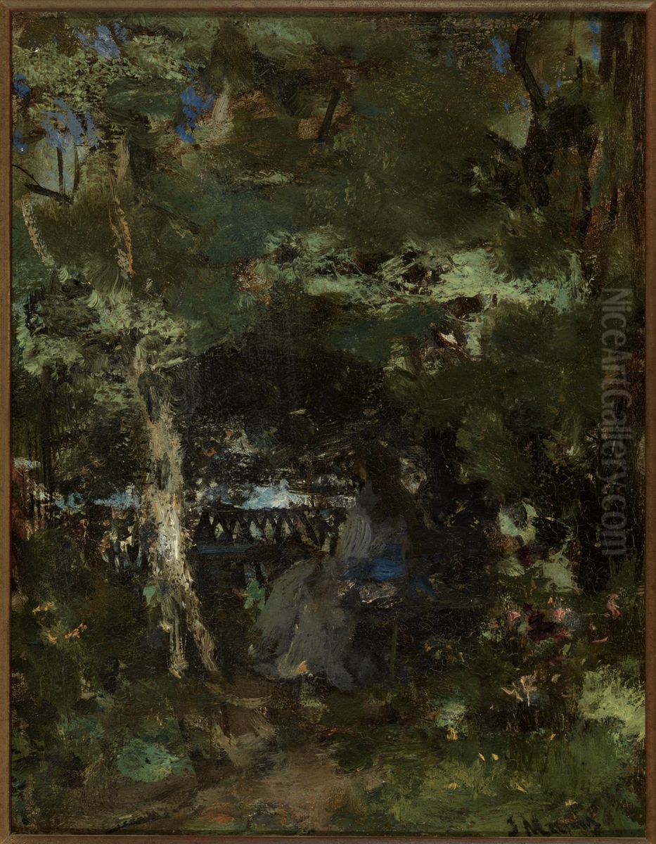 Dame op een bankje in het park. Oil Painting by Jacob Maris