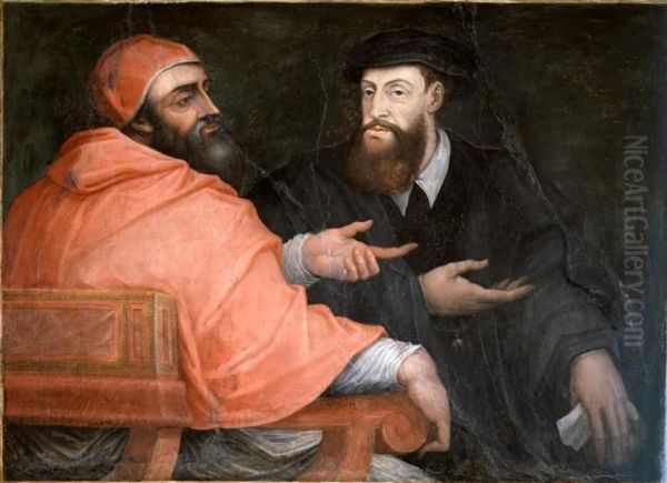 Papa Clemente VII e l'imperatore Carlo V a colloquio Oil Painting by Giorgio Vasari