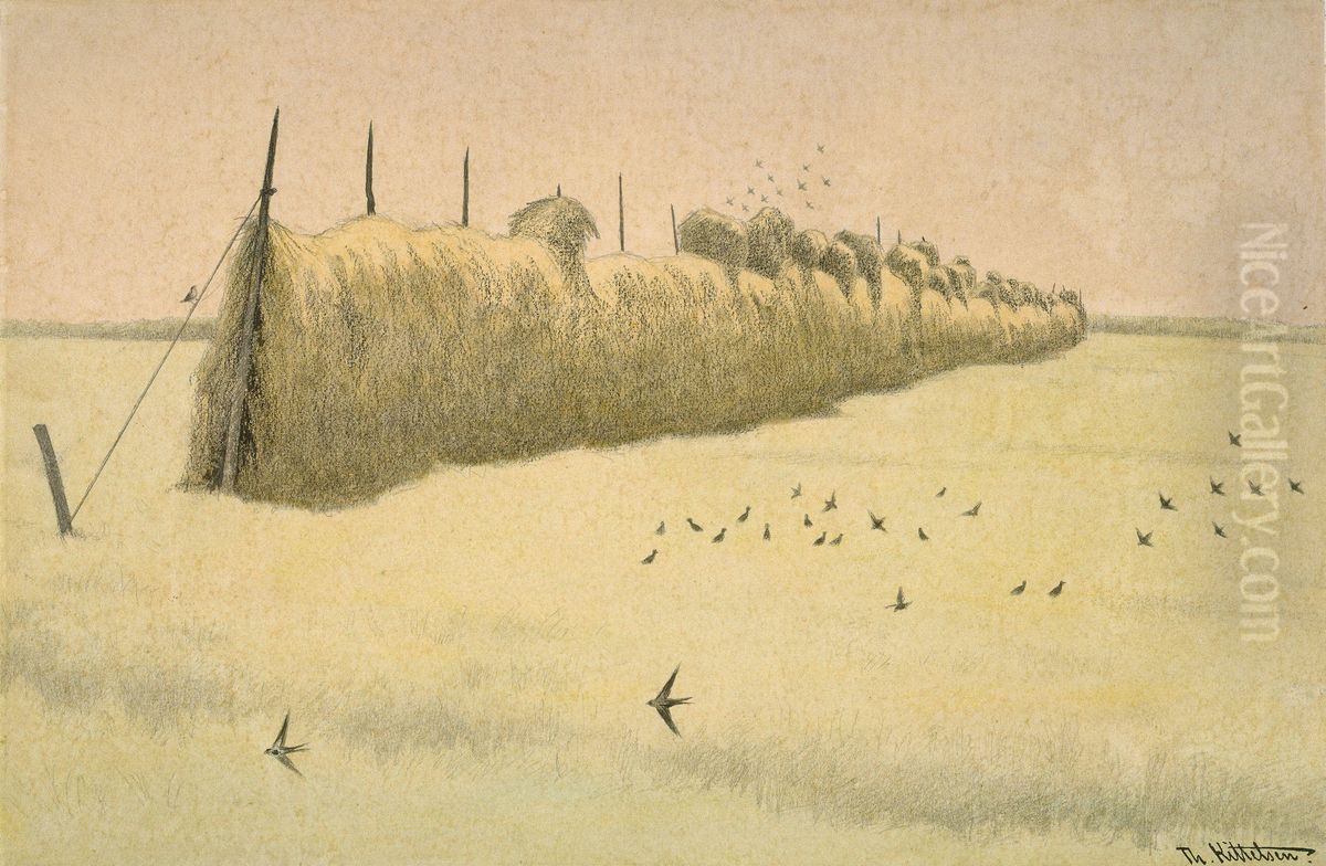 Hay-drying rack and Swallows skimming by Oil Painting by Theodor Kittelsen