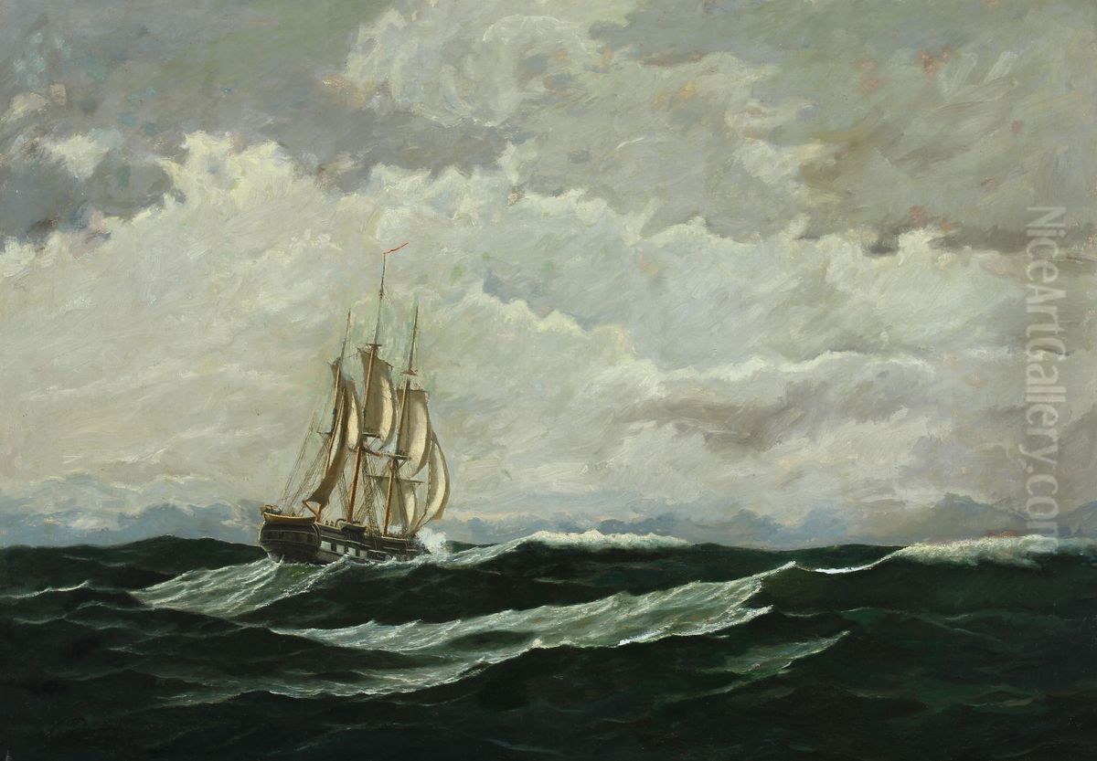 Seascape with warship in high seas Oil Painting by Carl Rasmussen