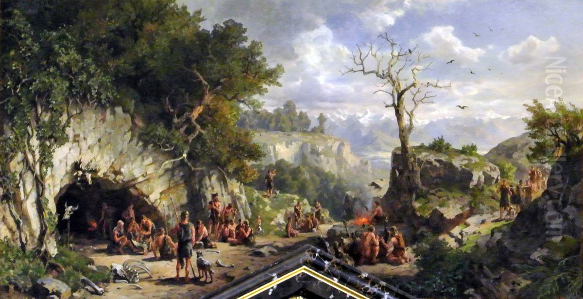 Ideal picture from the Stone Age - cave dwellers. Oil Painting by Hugo Darnaut