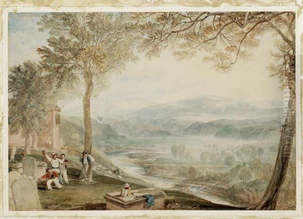 A scene of the River Lune from the churchyard of St Mary's Church in Kirkby Lonsdale, with a group of children playing in the foreground. Oil Painting by J. M. W. Turner