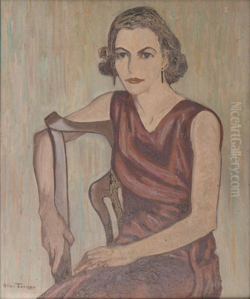 Portrait of a seated woman wearing a red dress Oil Painting by Allen Tucker