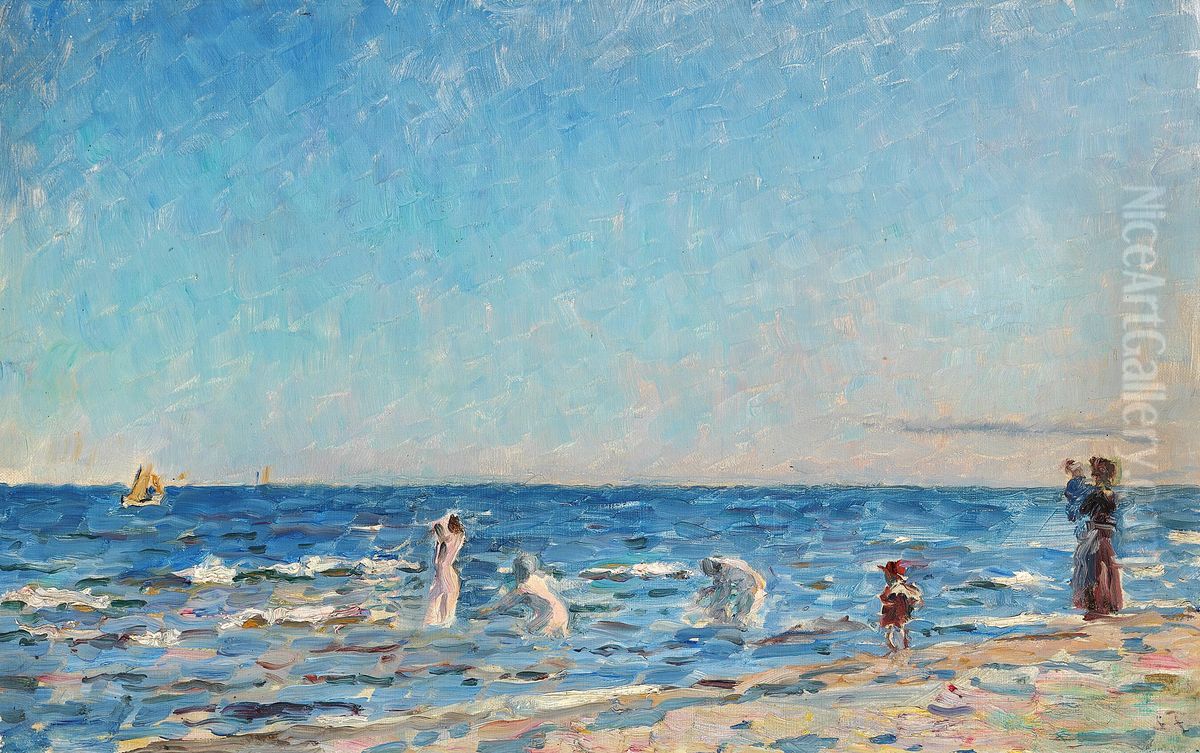 People bathing at Skagen on a summer day. Oil Painting by Laurits Tuxen