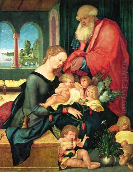 Hl. Familie im Gemach mit funf Engeln Oil Painting by Hans Baldung Grien