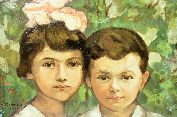 Doi copii Oil Painting by Ipolit Strambu