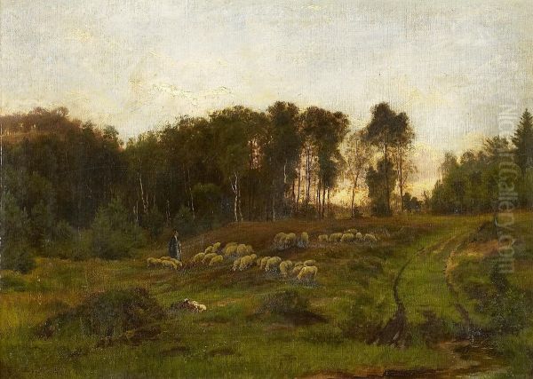 Evening mood at the edge of the forest with shepherd Oil Painting by Carl Irmer