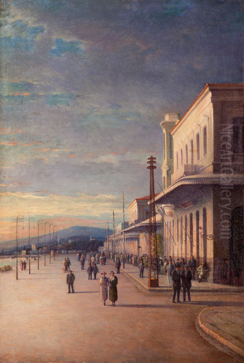Promenade at the harbor of Volos Oil Painting by Yannis Poulakas