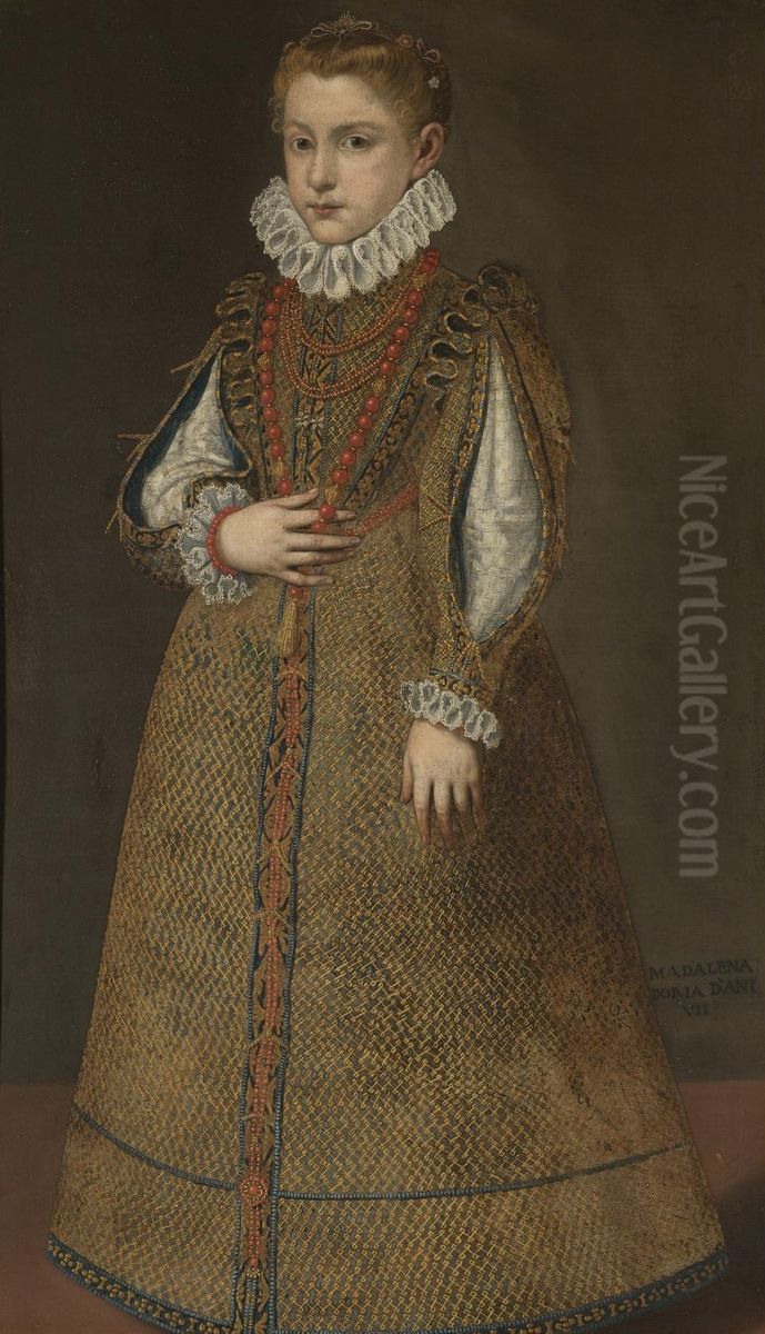 Portrait of Aurelia/Madalena Doria, full length, wearing a gold embroidered dress with slashed sleeves and wearing a coral necklace Oil Painting by unknown