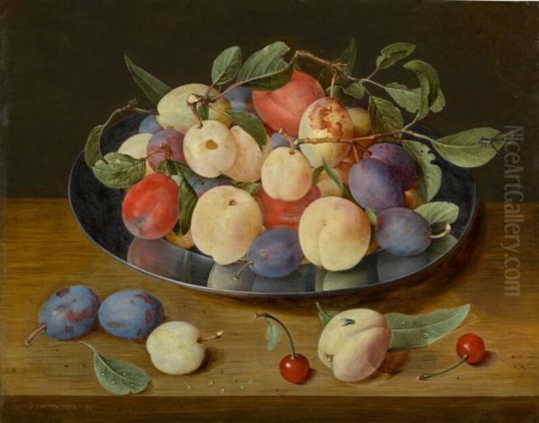 Still life of plums and peaches on a pewter plate, with plums, a peach and cherries, all on a table Oil Painting by Jacob van Hulsdonck