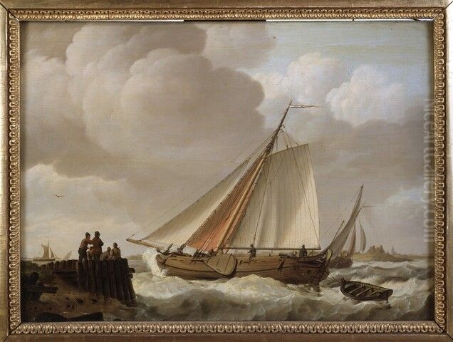 Een hektjalk onder zeil op een binnenwater Oil Painting by Johannes Hermanus Koekkoek Snr