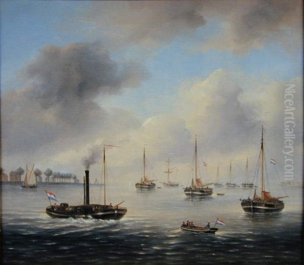 De stoomveerpont Wilhelmina op het Hollands Diep, 1821 Oil Painting by Govert Van Emmerik