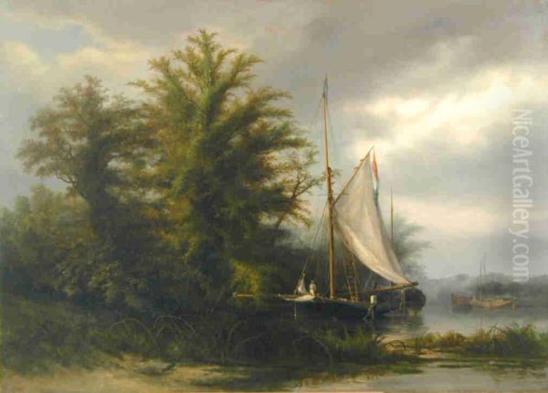 Een kotter afgemeerd nabij een bosrand Oil Painting by Johannes Gijsbert Vogel