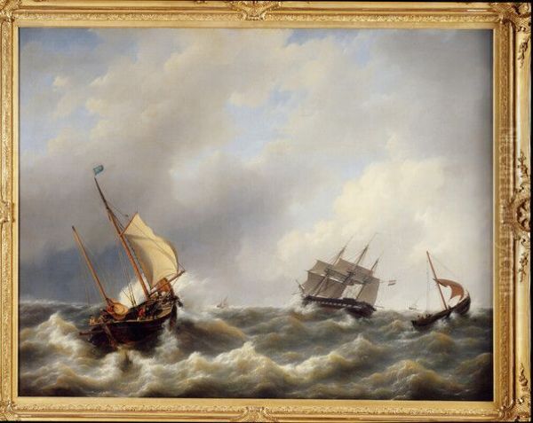 Nederlandse loodsrinkelaar en een oorlogsfregat Oil Painting by Petrus Johannes Schotel