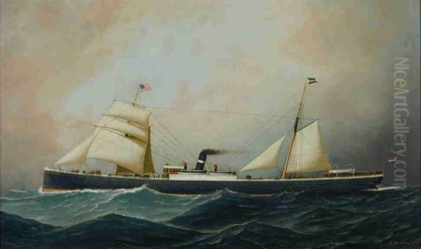Het passagiersschip ss. Schiedam van de Nederlandsch-Amerikaansche Stoomvaart Maatschappij Oil Painting by Antonio Jacobsen