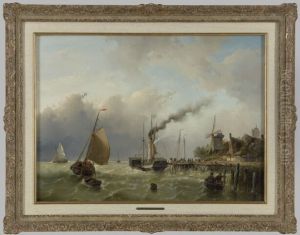 Een raderstoomschip in veerdienst bij een opstapplaats aan een steiger