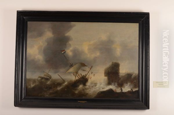 Schipbreuk op de rotsen Oil Painting by Jacob Adriaensz Bellevois