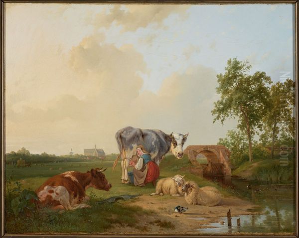 Landschap met vee Oil Painting by Pieter Plas