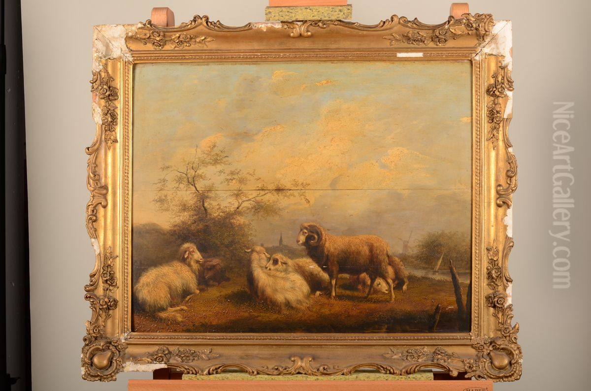 Landschap met schapen en kromhoornige ram Oil Painting by Pieter Plas