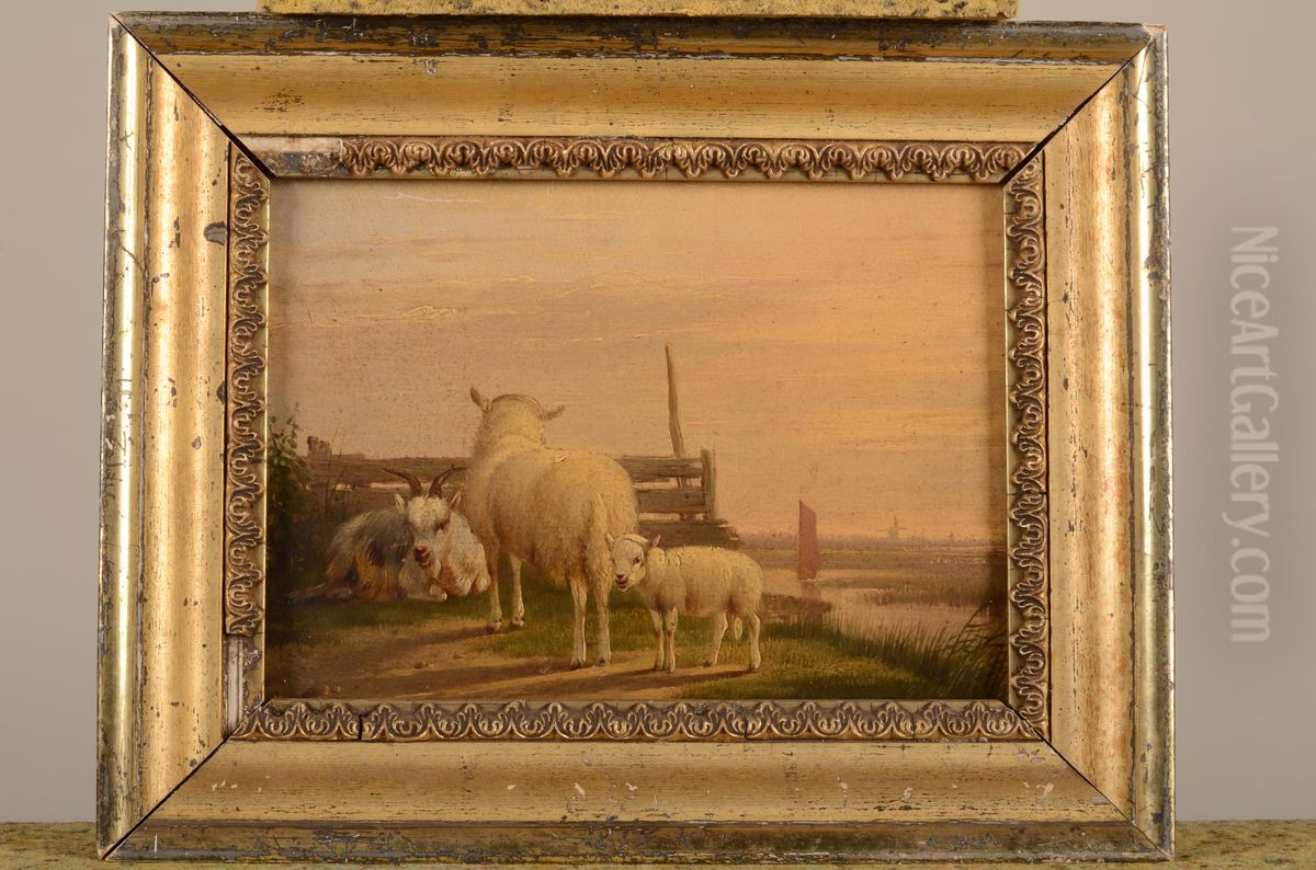 Geit, schaap en een lam bij een hek Oil Painting by Pieter Plas