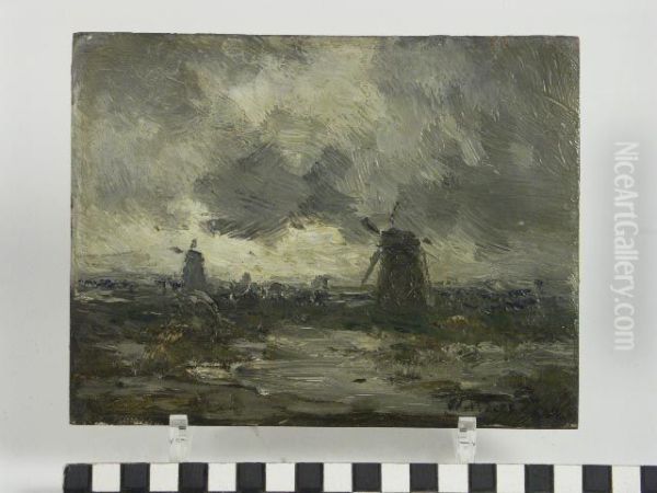 Landschap met molens aan een plas. Oil Painting by Willem Cornelis Rip