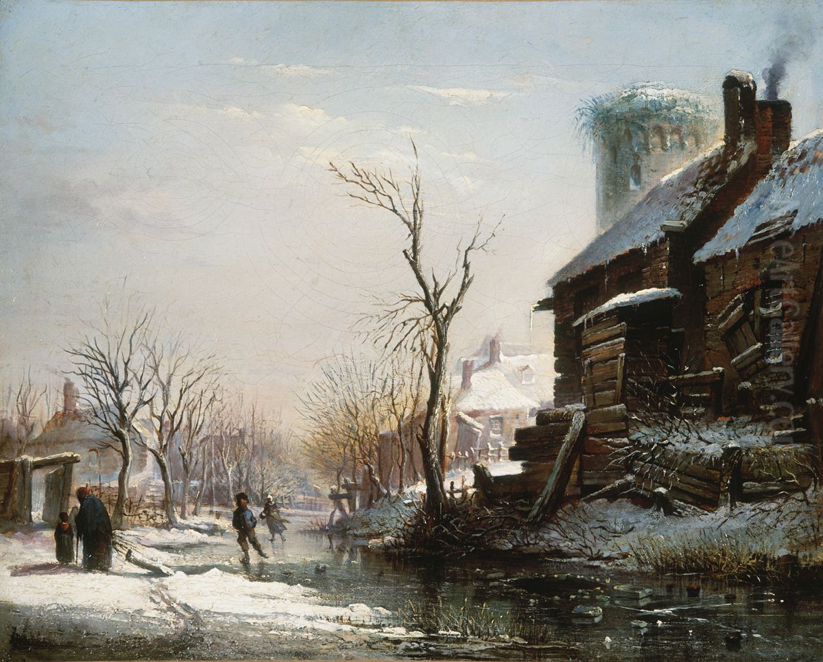 Schaatsenrijders op vestinggracht. Oil Painting by Jan Derk Huibers
