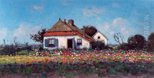 Boerderij met bloeiende border Oil Painting by Paul Bodifee
