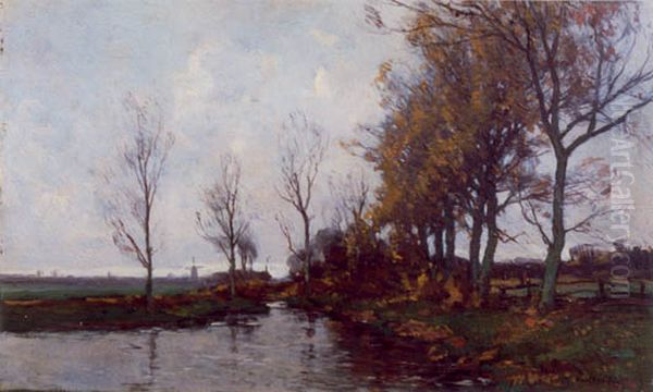Herfstlandschap met water en rij bomen Oil Painting by Paul Bodifee