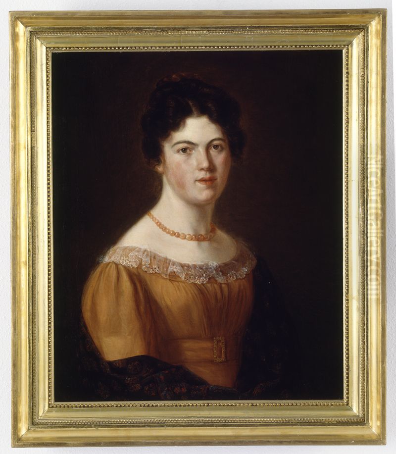 Zelfportret van Johanna Aleida Budde in oranje japon met kralen ketting Oil Painting by Johanna Aleida Budde