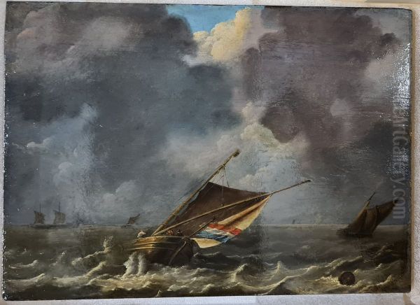 Zeestuk met op de voorgrond een schip met Nederlandse vlag tijdens een opkomende storm Oil Painting by Ludolf Backhuysen II