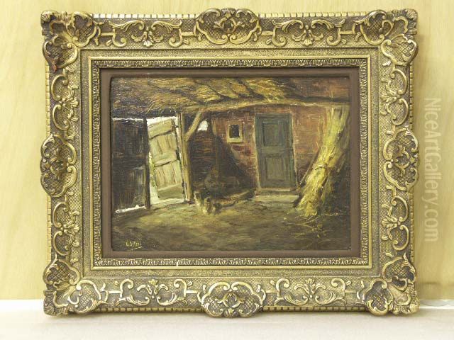 Interieur van schuur met oude openstaande deuren en korenschoof Oil Painting by August Allebe