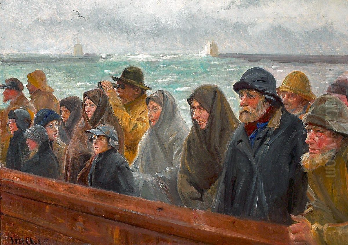 Fiskere og fiskerkoner pa molen i Skagen. Oil Painting by Michael Peter Ancher