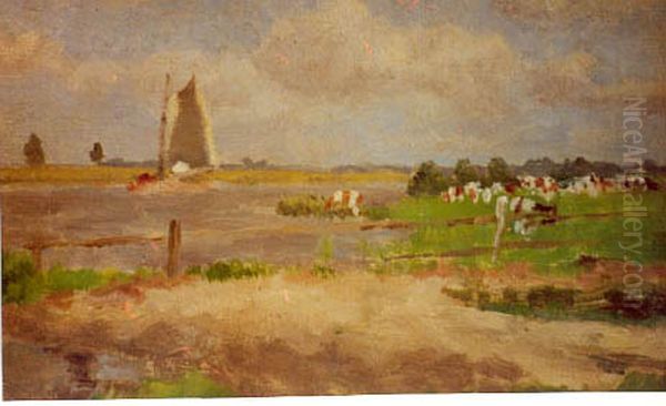 Rivierlandschap met zeilboot en vee Oil Painting by Herman Wolbers