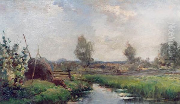 Polderlandschap met hooischelf Oil Painting by Jan Hillebrand Wijsmuller